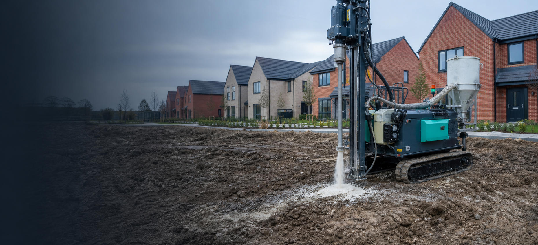 Large tracked Hydrofence treatment rig working beside a modern residential development