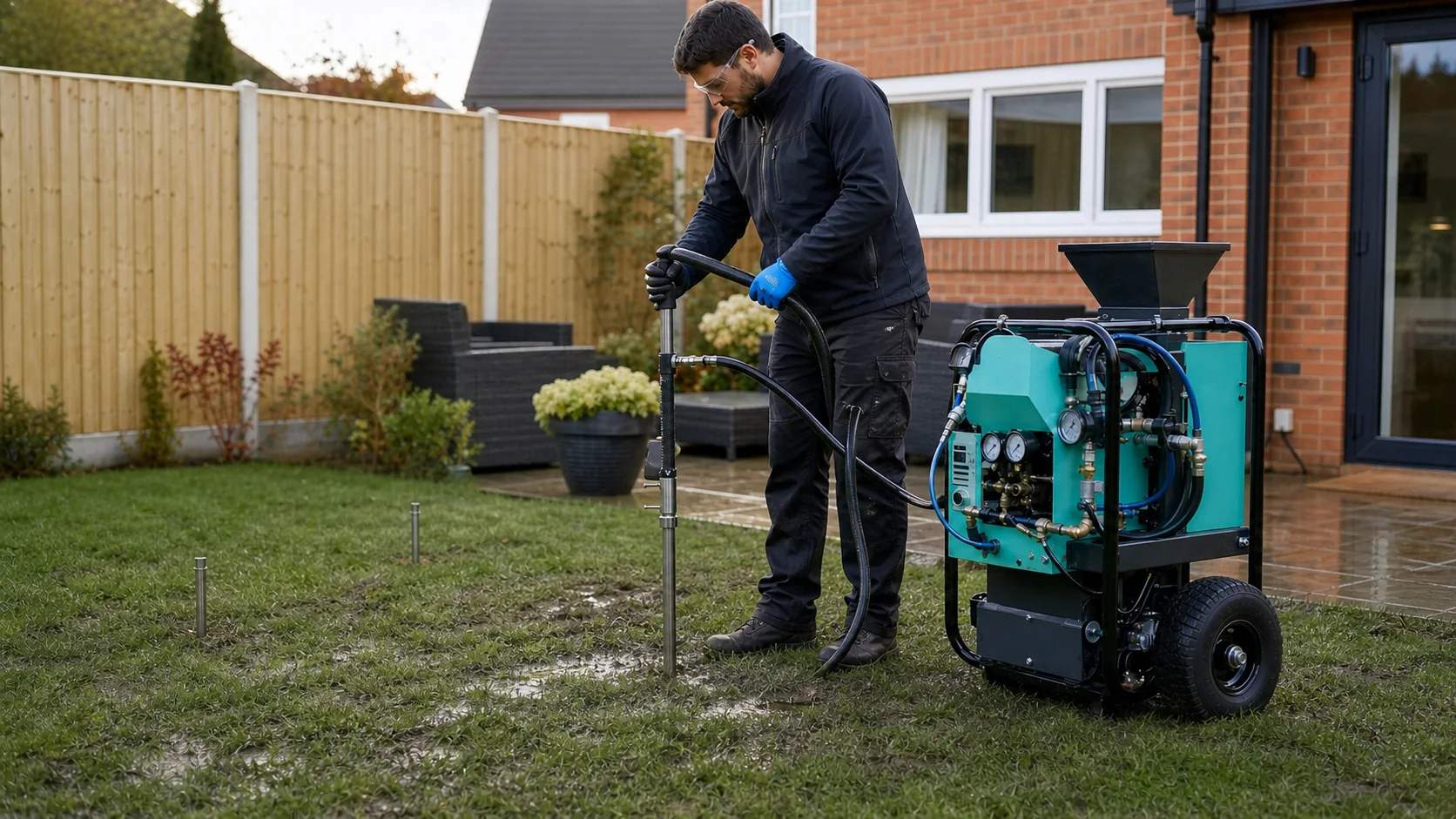 Hydrofence operator using the injection probe in a wet garden lawn