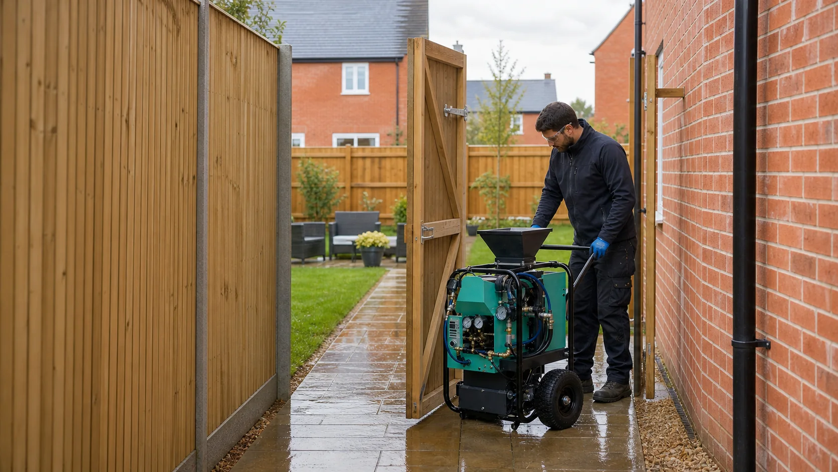 Hydrofence machine passing through a standard garden side gate