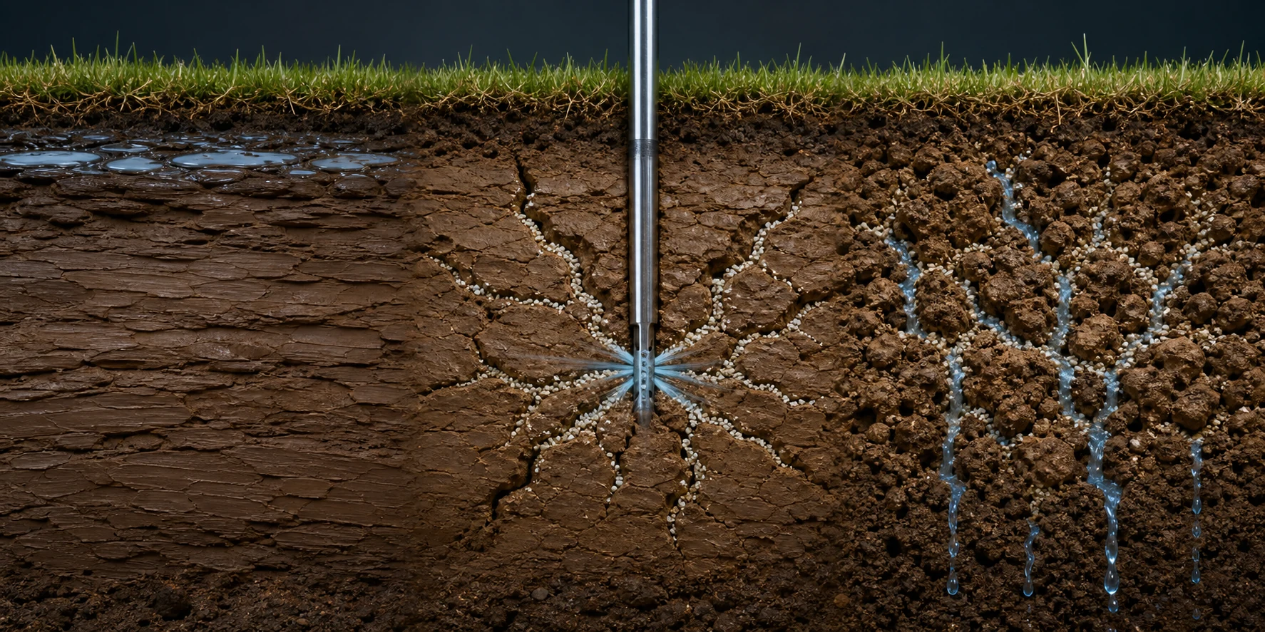 Cross-section showing water trapped above compacted clay, a treatment probe creating fractures and calcium sulphate pathways, and improved soil structure